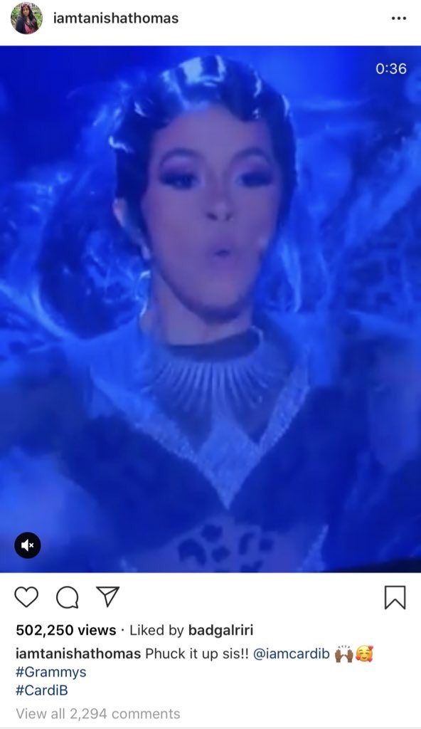 Rihanna liked a video of Cardi’s  #Grammys performance. 