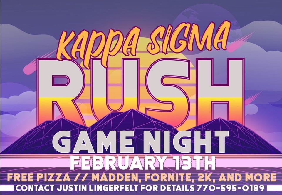 Come meet the guys, hangout, feast and let’s get some gaming action going. From 5-8:30pm at the Kappa Sigma House! Feel free to share to anyone who may be interested, see y’all there 🎮 🍕