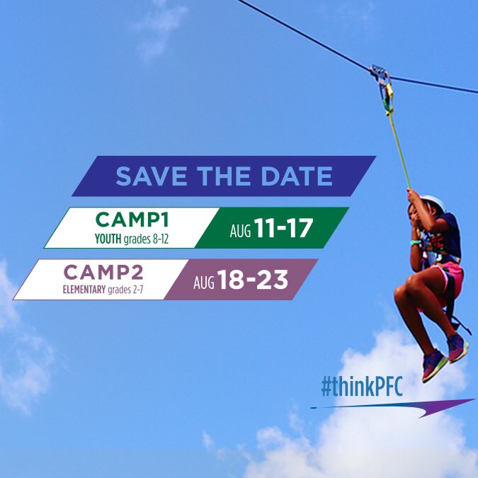 pfc_camp's tweet photo. 🗓 SAVE THE DATE! 🗓

Mark your calendars and countdown with us: T-6️⃣ months until Camp2019!
—
Camp1 (Youth, Grades 8-12): August 11-17
Camp2 (Elementary, Grades 2-7): August 18-23
—
Share the news and stay tuned for updates on registration! #thinkPFC https://t.co/XrEnDhBhIP