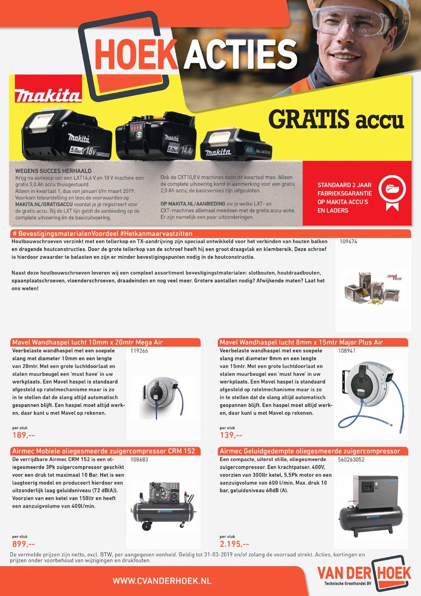 VanderHoekBV's tweet photo. Zo, daar is tie dan! De eerste kwartaal-actiefolder van 2019. Profiteer onder meer van de gratis #Makita accu-actie. En wat dacht u van de prachtige #verwarmingsapparatuur? Daarnaast natuurlijk ook #lijmen, #kitten, #werkkleding, #compressoren en #gereedsc https://t.co/LH976xliiN https://t.co/Wrv6x0CsDp