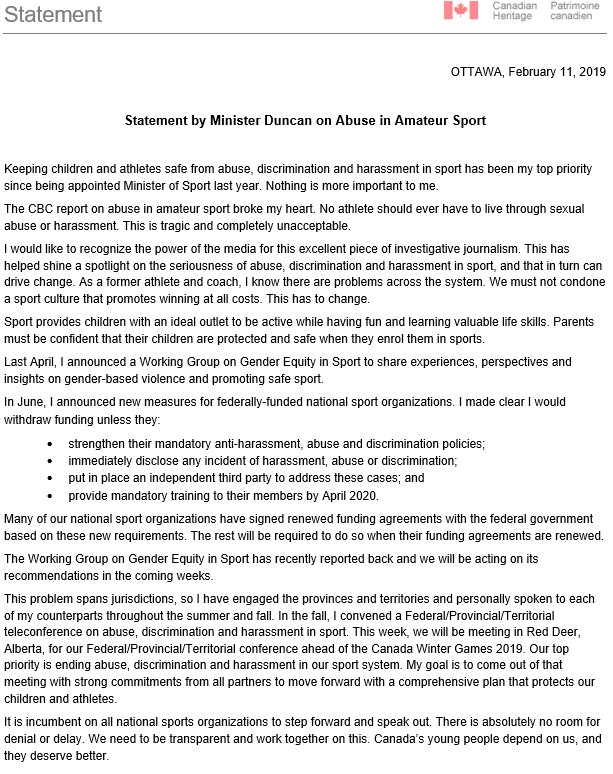 KirstyDuncanPhD's tweet photo. Statement by Minister Duncan on Abuse in Amateur Sport: https://t.co/eZDL3vkS0B