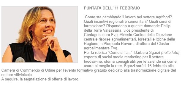 Simona Regina (@simona_regina) on Twitter photo Lavorare nell'agrifood
▶️rai.it/dl/portali/sit…
Ascolta la puntata in onda 11/02 - Il settore agrifood - L'uso della rete per le aziende
<a href="/regioneFVGit/">Regione FVG</a> <a href="/Lavoro_FVG/">Lavoro FVG</a> <a href="/AgrifoodFVG/">Fondazione Agrifood & Bioeconomy FVG</a> <a href="/barbarasgarzi/">Barbara Sgarzi</a> <a href="/Confagricoltura/">Confagricoltura</a>
e la <a href="/grottagigante/">GrottaGiganteTrieste</a> cerca nuova guida... Lavorare nell'agrifood
▶️rai.it/dl/portali/sit…
Ascolta la puntata in onda 11/02 - Il settore agrifood - L'uso della rete per le aziende
<a href="/regioneFVGit/">Regione FVG</a> <a href="/Lavoro_FVG/">Lavoro FVG</a> <a href="/AgrifoodFVG/">Fondazione Agrifood & Bioeconomy FVG</a> <a href="/barbarasgarzi/">Barbara Sgarzi</a> <a href="/Confagricoltura/">Confagricoltura</a>
e la <a href="/grottagigante/">GrottaGiganteTrieste</a> cerca nuova guida...
