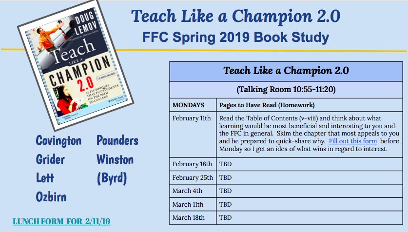 jenny ozbirn (@jensoz) on Twitter photo Teach (eat) Like a Champion voluntary book study! Voted...concentrating on systems and routines! Going to be great! <a href="/FCSLearn/">FlorenceCitySchools</a> <a href="/FFCSoar/">Falcon FFC</a> <a href="/TeachLikeAChamp/">Teach Like a Champion</a> <a href="/ecpounders/">Beth Pounders</a> <a href="/darrinlett/">Dr. Darrin Lett</a> Teach (eat) Like a Champion voluntary book study! Voted...concentrating on systems and routines! Going to be great! <a href="/FCSLearn/">FlorenceCitySchools</a> <a href="/FFCSoar/">Falcon FFC</a> <a href="/TeachLikeAChamp/">Teach Like a Champion</a> <a href="/ecpounders/">Beth Pounders</a> <a href="/darrinlett/">Dr. Darrin Lett</a>