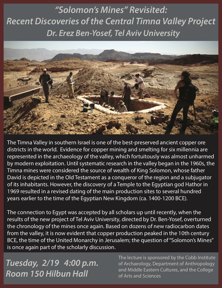 Free public lecture at MSU on February 19th: ""Solomon's Mines" Revisited: Recent Discoveries of the Central Timna Valley Project", by Dr. Erez Ben-Yosef of Tel Aviv University.  Event details here:facebook.com/events/2485759… - hope to see you there!