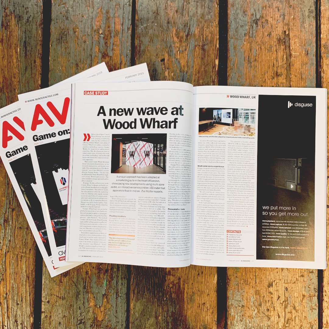 Engageworksltd's tweet photo. We are super proud to announce that at this month Engage have made it into AV Magazine. The feature showcases our work on Canary Wharf Groups new development Wood Wharf. 

Page 54-55 if you want to take a look https://t.co/x4FuQAvbKx https://t.co/iz0MfT4Csp