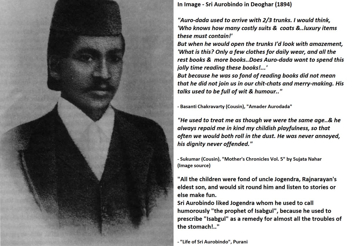 6) Vacations in Bengal:During his teaching period,  #SriAurobindo used to pass his vacations in Bengal, generally during the Puja holidays — visiting his relatives and joining the festivities.."Auro-dada's" wit and humour used to amaze people even then!