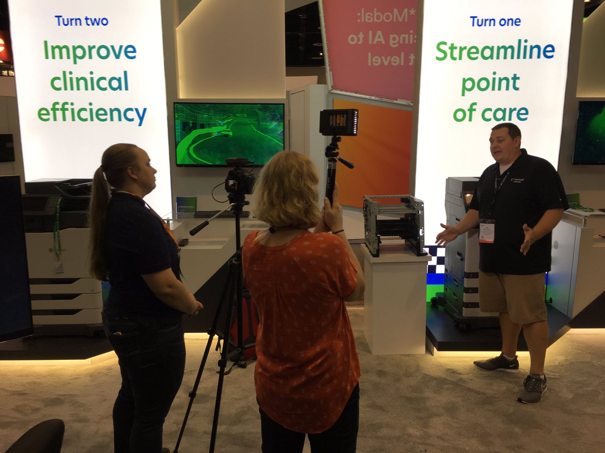 SJohnson_RHIA's tweet photo. Recording some promo videos for #LexmarkHealthcare #himss19 booth. Going full newscaster mode with shorts not in the shot. https://t.co/odiQNyrHwZ