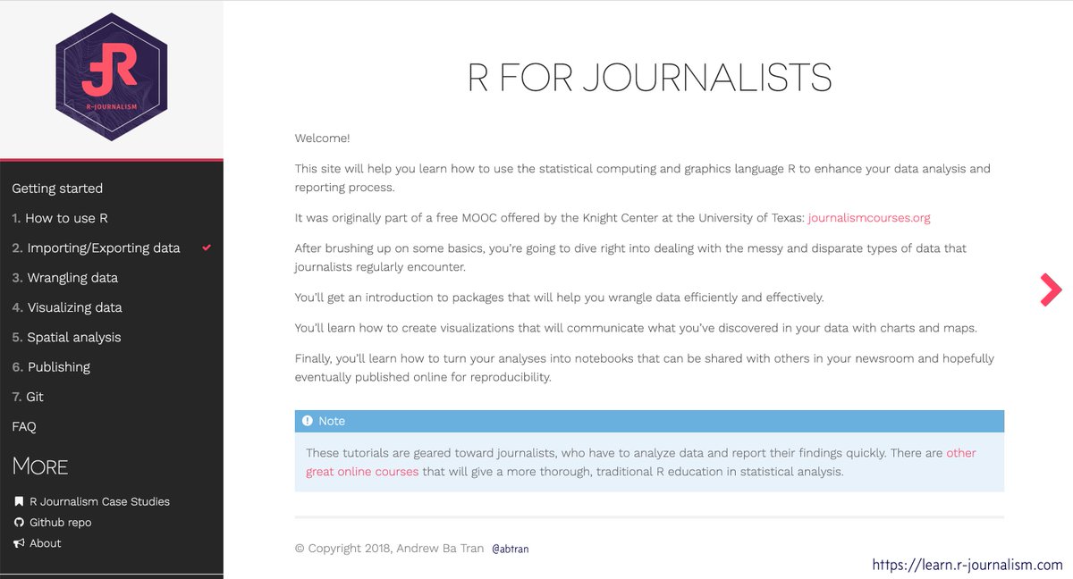 R For Journalists by Andrew Ba Tran (@abtran) at https://learn.r-journalism.com/en/