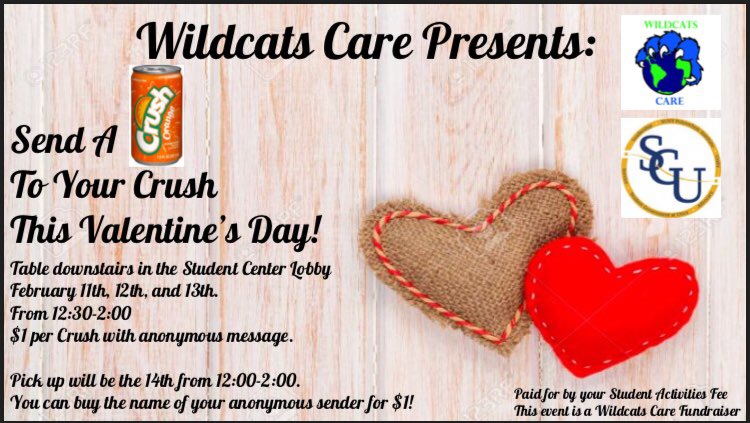 Send A Crush To Your Crush This Valentines Day! 💕
For $1 you can send an anonymous message and a Crush Soda to your crush, roommates and best of friends. We will be tabling in the Student Center February 11th, 12th, and 13th from 12:30-2 pm. Stop by and say hi!!