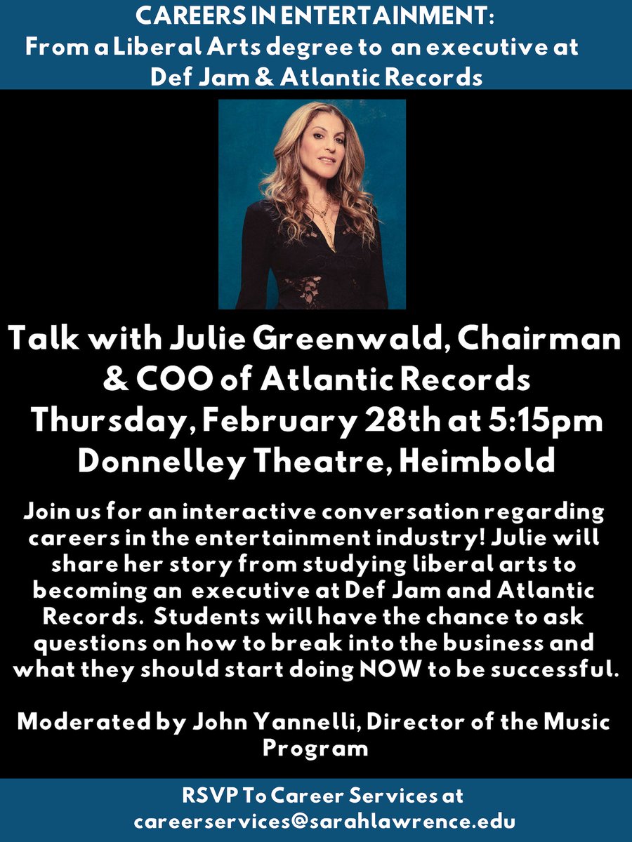 Did you watch the Grammys last night? On Thursday, February 28, Julie Greenwald, chairman and COO of Atlantic Records (home to winners like Cardi B) is giving a talk <a href="/SarahLawrence/">Sarah Lawrence</a>. For more information, see the flier below.