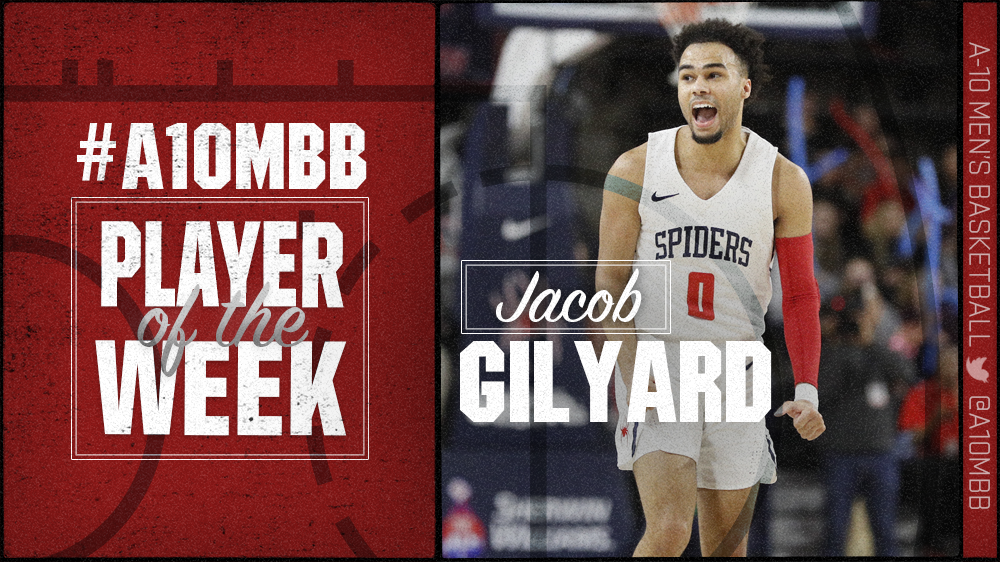 A10MBB's tweet photo. Jacob Gilyard was named #A10MBB Player of the Week after totaling 45 points, 11 assists, 10 steals, and six rebounds while shooting 64 percent (16-for-25) from the floor and 57.1 percent (8-of-14) from 3-point range in a pair of @SpiderMBB wins.

STORY: https://t.co/zXLBnGuaSe https://t.co/Md05g4hHBK