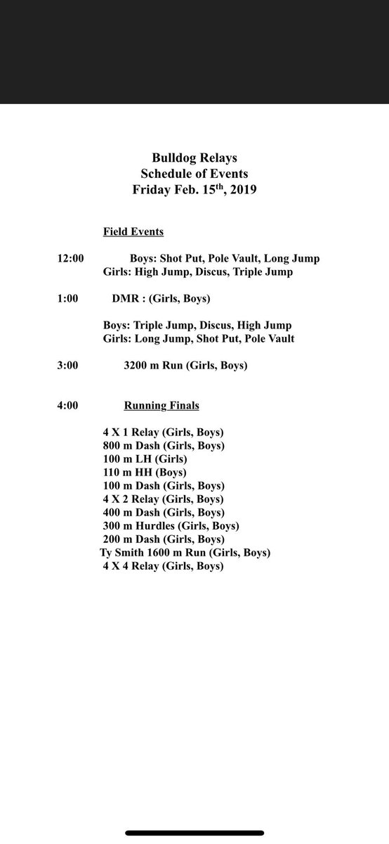 NHS_TF's tweet photo. Schedule of events for Friday’s 55th Annual Bulldog Relays! https://t.co/ecyh1ta8qv