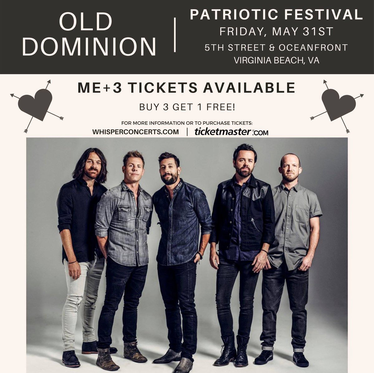 The best V Day deal! Bring your best couple friends to #PatFest 2019 to see <a href="/OldDominion/">Old Dominion</a> on Friday, May 31st! Get your Me+3 tickets to your preferred VIP Sections for the ultimate show experience!

Tickets are LIMITED, get them now on PatrioticFestival.com or TicketMaster!