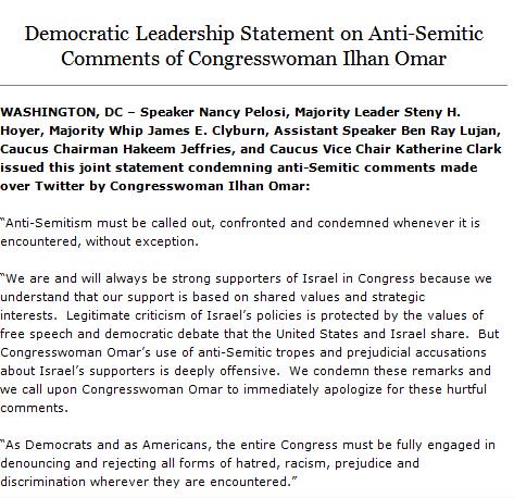 Anti-Semitism must be called out, confronted, and condemned whenever it is encountered, without exception. Read my statement with House Democratic leadership on the comments of Congresswoman Ilhan Omar: http://bit.ly/2WWW1aj