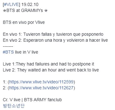 Bts Army Fanclub 19 02 10 Bts At Grammys Bts En Vivo Por Vlive Bts Live In V Live 1 T Co Zietsqs9xz 2 T Co Wey440bwif Cr V Live Army Tearitupbts Bestfanarmy Iheartawards