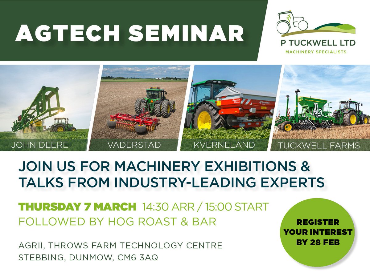 We're excited to announce our #AgTech #Seminar on Thursday 7th March! Join us for talks and discussions on the latest technology from industry-leading experts. Register your interest to dunmow@tuckwellgroup.com