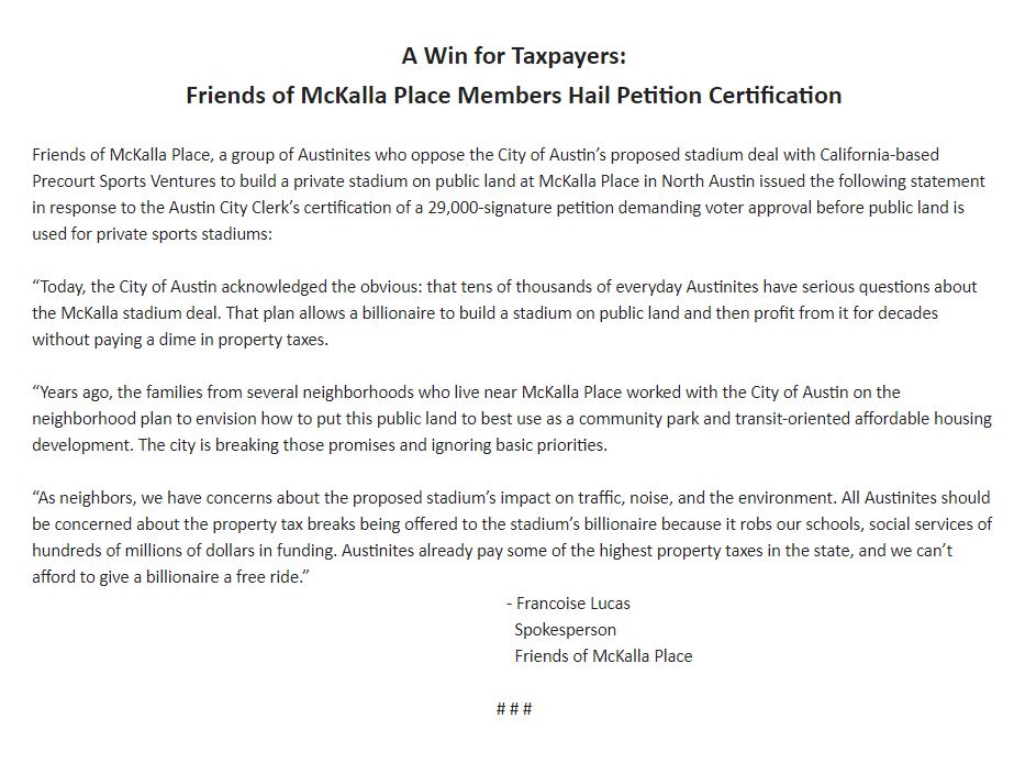 PhilJankowski's tweet image. Statement from Friends of McKalla on #mls2atx stadium petition certification. #atxcouncil
