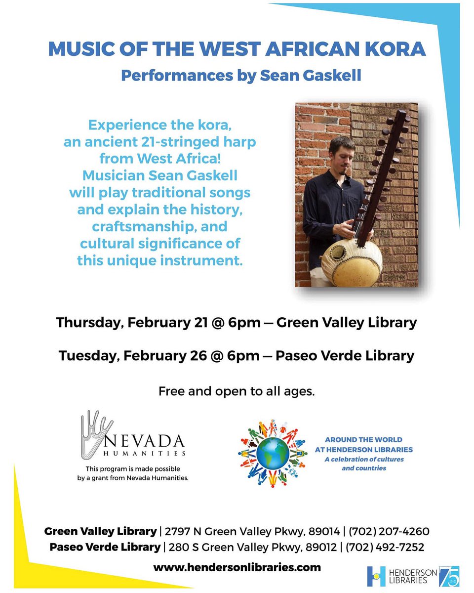 Experience #worldmusic with two free performances by #SeanGaskell  featuring the unique and melodic sounds of the West African #kora. #hendersonlibraries #westafricanmusic