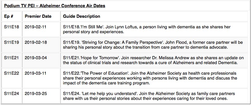 AlzheimerPEI's tweet photo. Did you miss out on this year's Alzheimer Awareness Conference? Eastlink has got you covered! This year's conference will be aired in 5 segments over the next 7 weeks.  Sessions run daily at 9:00am Monday through Friday! #Ilivewithdementia #LetsTalkMemory https://t.co/KmFTORzwhj