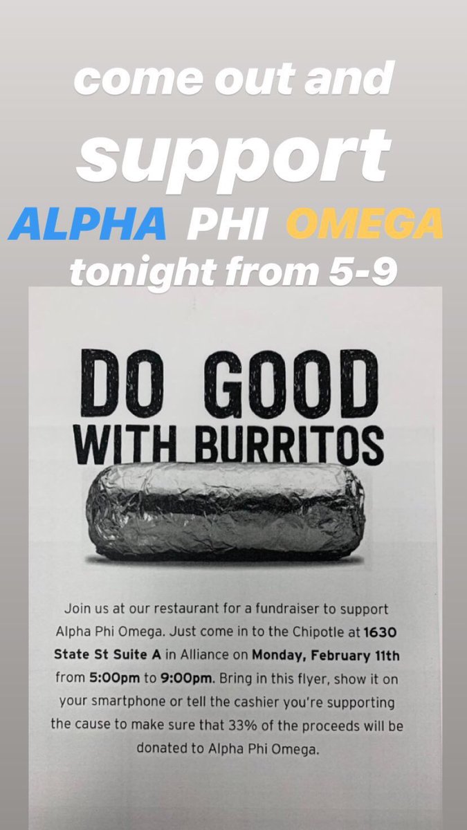 APOXiUpsilon64's tweet photo. Go get Chipotle for dinner and show them this flyer or mention Alpha Phi Omega!!! https://t.co/6MiIfgSmba