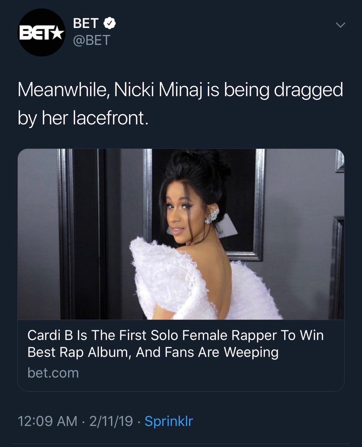 Baller Alert 🚨 on X: Nicki Minaj pulls her BET EXPERIENCE performance after  BET tweets she's getting ”dragged by her lacefront” after Cardi B's Grammy  win  / X