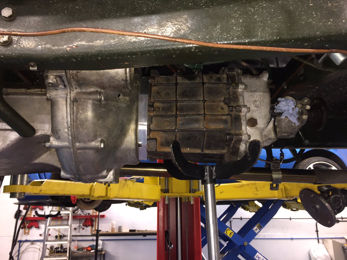 SoMotorRacing's tweet photo. The ‘28 Sunbeam 20.9 (23.8) 5 speed gearbox conversion test fit. Slowly getting there! Great job done on conversion plate to utilise orginal bell housing. #ClassicCars https://t.co/DOr2WNTmjd