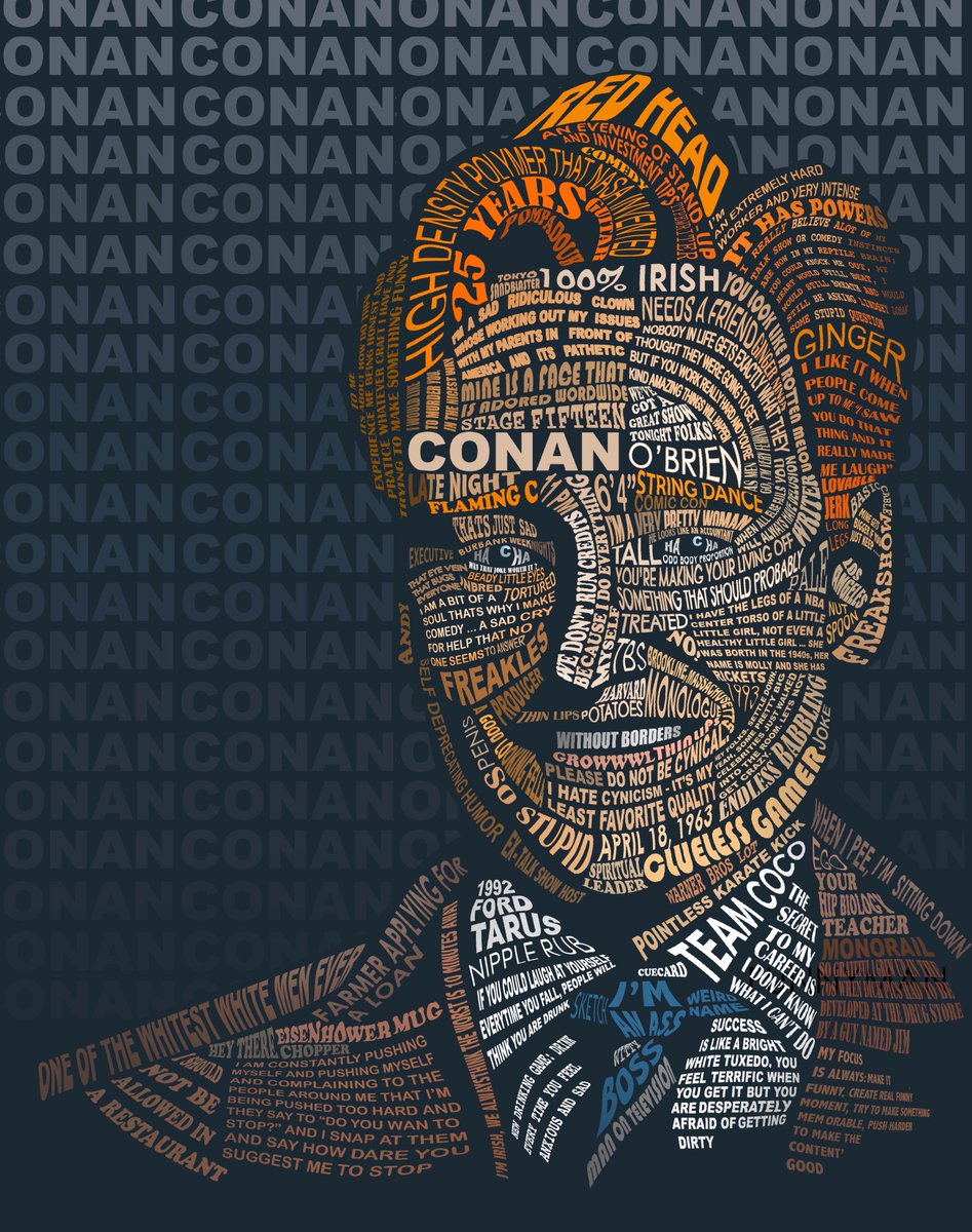 JillGiovanni's tweet photo. Experimented doing a word art design with everyone's favorite red head.  Thank you @ConanOBrien and @teamcoco for always being inspiring and a delightful source of random levity in this strange world 

#design
#teamcoco
#illustration
#photoshop https://t.co/6GerBbx7DQ