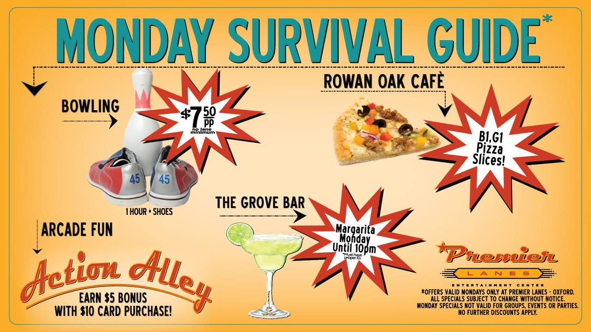 PremierLanesOx's tweet photo. Survive the Monday blues today by stopping by at Premier Lanes to enjoy some bowling, pizza, arcade games and drinks with some friends!
.
.
.
#MondaySurvival #Bowling #Arcade #PremierLanes #OxfordMs #OleMiss #RowanOakCafe #GroveBar https://t.co/oVkWr99JYd