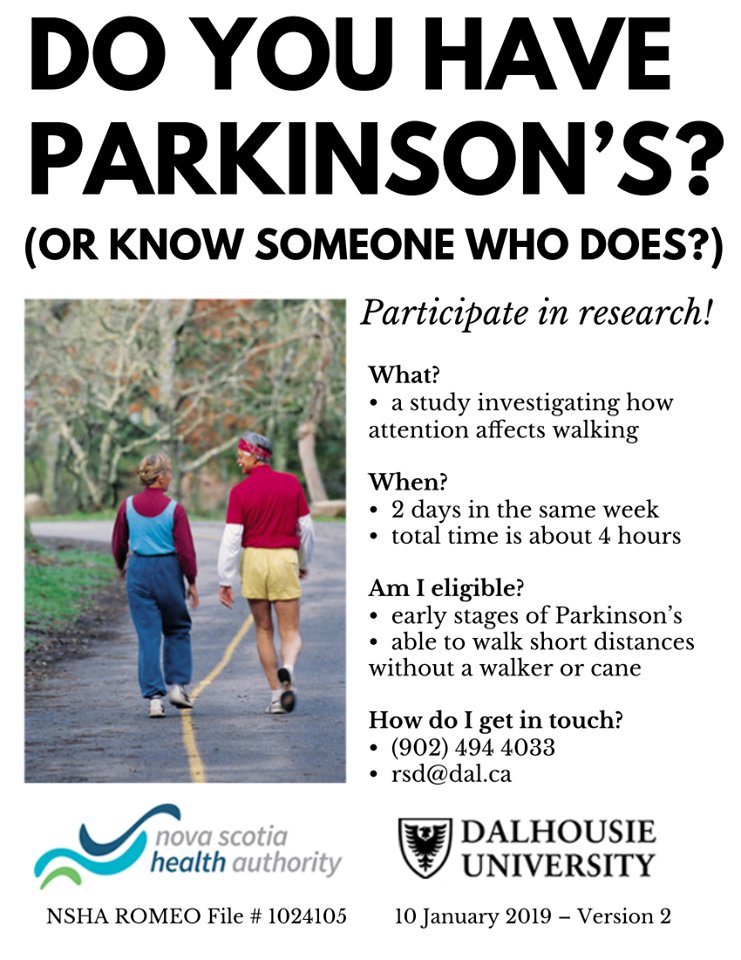 PSMR's tweet image. Interested in participating in a research project on gate? This study aims to better understand how one's attention affects their walking during the early stages of #Parkinsons. For more info: 902-494-4033, rsd@dal.ca