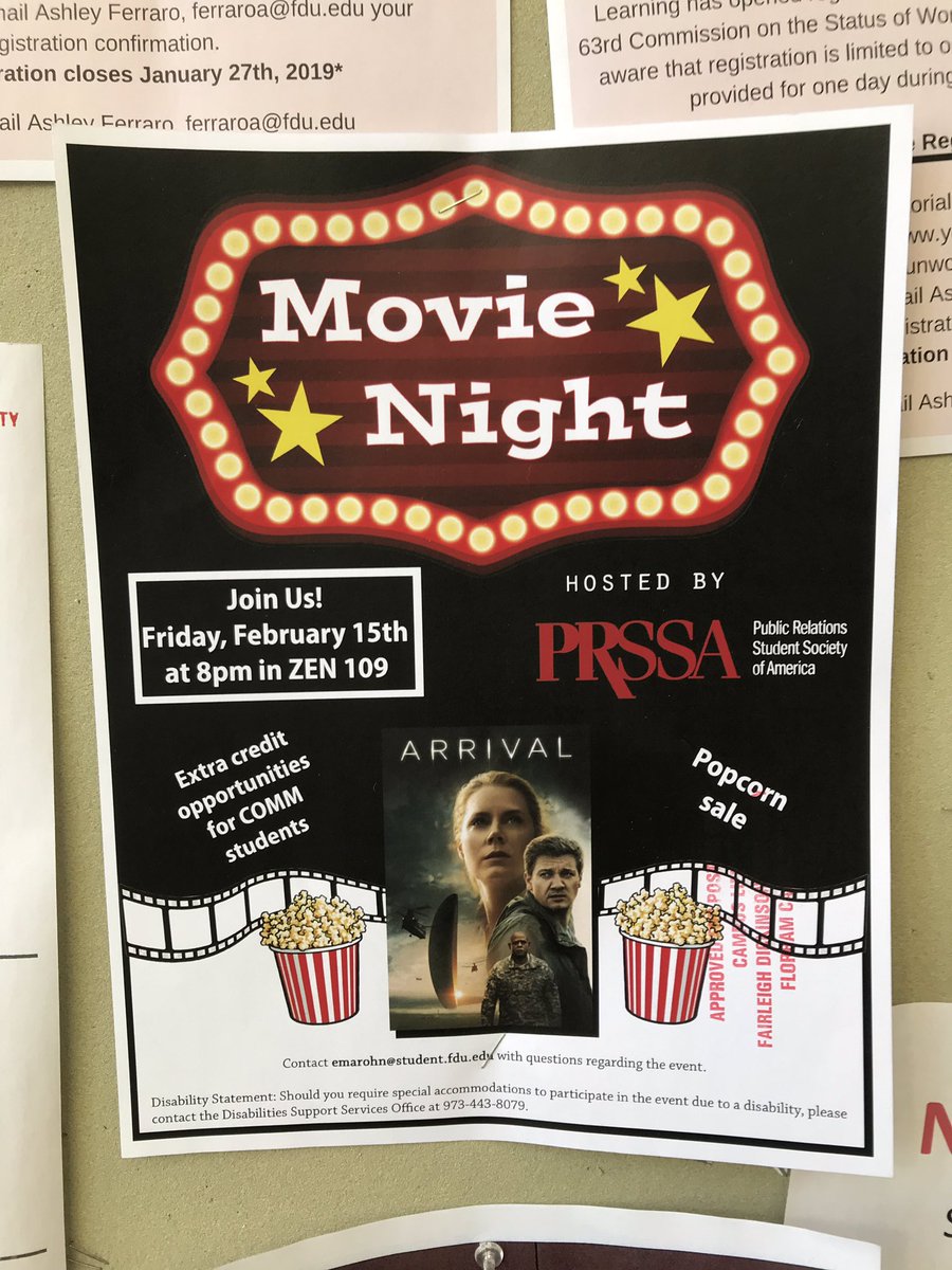 SabrinaScarpa's tweet image. Looking forward to Friday! PRSSA (aka @parkavepr) is hosting a movie night at 8pm in Zen. We’ll be showing “Arrival”... popcorn sale and extra credit for Comm students
