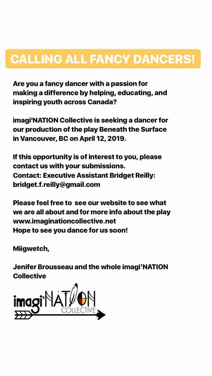 imagi'NATION Collective is in search of an Indigenous Fancy Dancer for our  production of Beneath the Surface,  play about suicide aware and prevention for Indigenous youth and communities. #mentalheath #indigenous #letlifewin #arts #suicideprevention #yvr #fancydancer #vancity