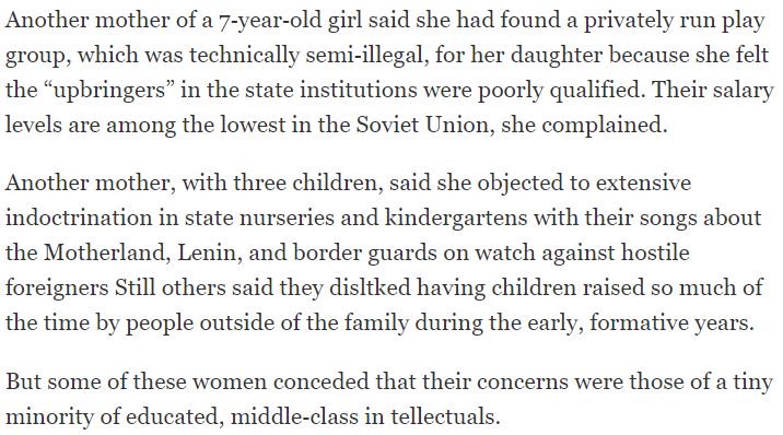 3/ Some "middle-class intellectuals" didn't think the daycare was very good. They "disliked having children raised so much of the time by people outside of the family during the early, formative years." But even they "conceded" these are niche concerns, inapplicable to most.