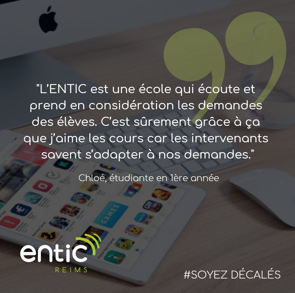 EnticReims's tweet image. Chloé fait le point après quelques mois passés à l'#ENTIC : "...c'est une école qui écoute et prend en considération les demandes des élèves. C’est sûrement grâce à ça que j’aime les cours qui nous sont donnés car les intervenants savent s’adapter à nos demandes."  #Reims
