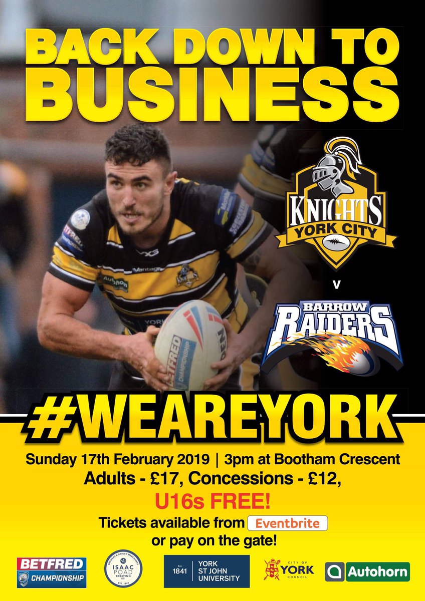YorkRLFC's tweet photo. Back to Bootham. Back to business.

Can the Knights get back to back wins in the Betfred Championship?

Get your @EventbriteUK tickets online right now! 🎟➡️ https://t.co/rxIeTuvbUd

#WeAreYork⚔️ https://t.co/zddbmISVfk