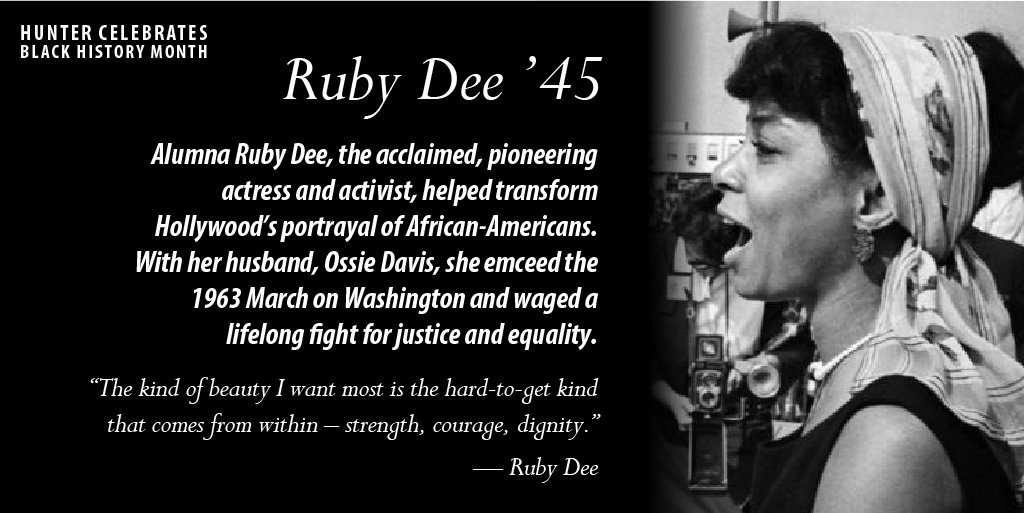 Jennifer J. Raab (@nyscfpresident) on Twitter photo .<a href="/Hunter_College/">Hunter College</a> alum Ruby Dee ’45 was not only a famous actress, she was also a pioneer of the Civil Rights Movement and a lifelong fighter for racial equality. <a href="/HunterAlumni/">HunterCollegeAlumni</a> #BlackHistoryMonth .<a href="/Hunter_College/">Hunter College</a> alum Ruby Dee ’45 was not only a famous actress, she was also a pioneer of the Civil Rights Movement and a lifelong fighter for racial equality. <a href="/HunterAlumni/">HunterCollegeAlumni</a> #BlackHistoryMonth