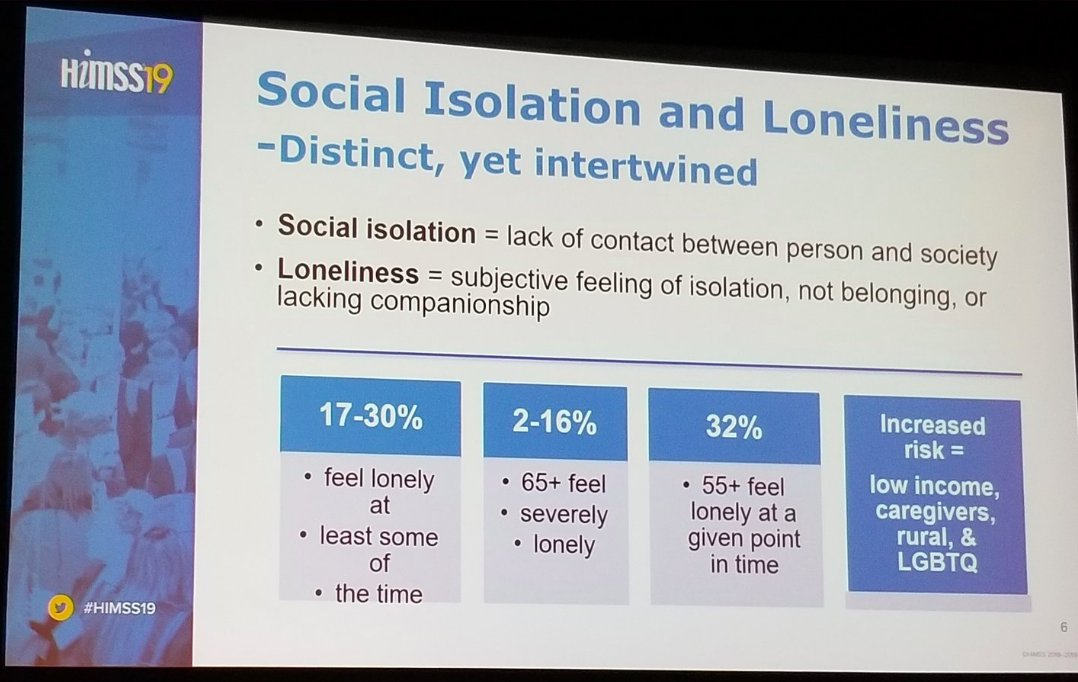nxtstop1's tweet photo. More โโ@HIMSS โถ๏ธ #HIMSS19
#AgingTech symp. preview: Addressing #Social #Isolation
https://t.co/rhKUVPmbtu
Speaker: Susan Stiles, @NCOAging cc #MasteryProgram
https://t.co/gdAtIFenRb โฆ
mrt @vrulon Social isolation & #loneliness - different yet related ~ https://t.co/7F4SXX4pOH