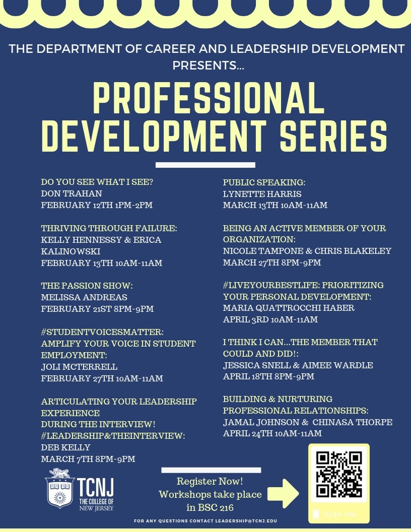 TCNJ_Leadership's tweet photo. Our Professional Development Series is finally here! We are so excited to begin! Special thanks to @TCNJCareer for co-sponsoring this initiative! :) https://t.co/XxoglxVebV