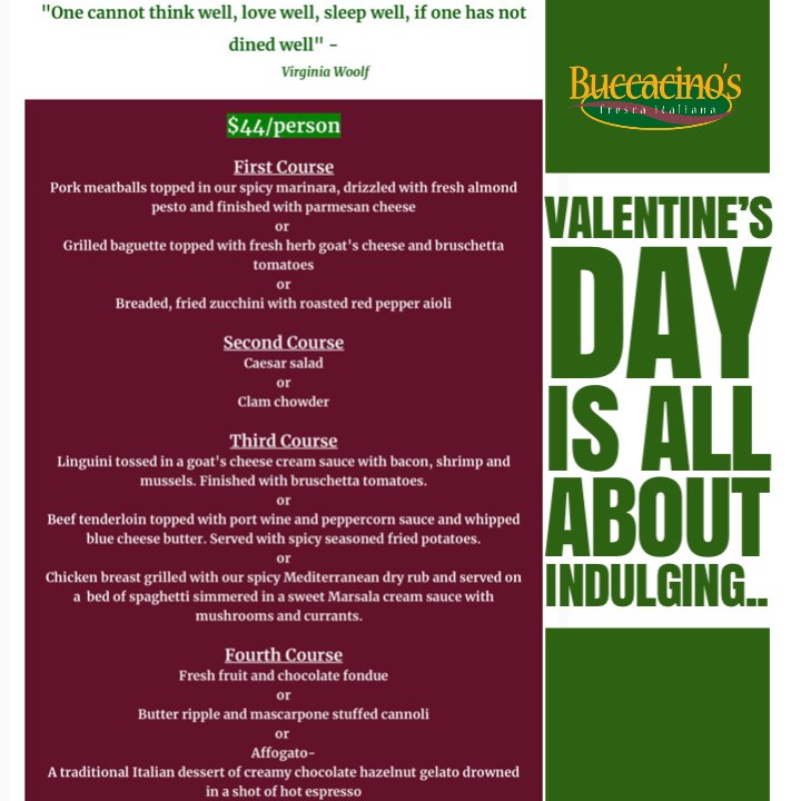 BuccacinosWpg's tweet photo. We still have room on Valentine’s Day! Indulge in our fixed price menu or our regular menu. Reserve now!(204)452-8251 #freshnevergetsold #buccacinos #valentines day #indulgeinfood #foodporn https://t.co/pXEXniq4kH