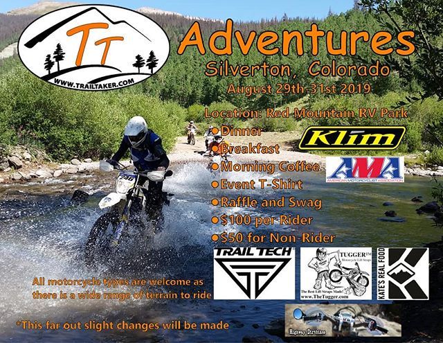 MeekerExtreme's tweet photo. Want a chance to win a @ridetrailtech Voyager Pro kit, a fan kit or some @highwaydirtbikes guards! Come on out and join us. May more prizes and auction items coming. Make sure to stop by and check out @klim @klimmotorcycle booth. #Silverton #redmtnrvreso… https://t.co/3dfqX8YsgI https://t.co/NeNXXUlKMe