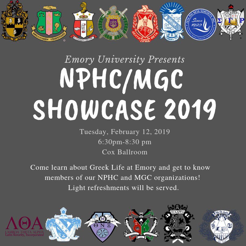 EmoryAlphas's tweet image. The annual NPHC/MGC showcase is tomorrow in Cox Ballroom at 6:30, don’t miss the chance to learn more about Greek life at Emory!