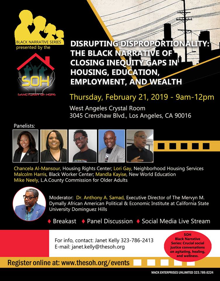 The_SOH_LA's tweet photo. Attend our 2nd Annual #blacknarrativeseries, 2/21.  We have amazing moderator, panel of thought leaders,&amp; a special presentation by @EEdwards02 of @BMI_UCLA on the "Young, Black, and Houseless" report. @nhslacounty @BlackWkrCenter @hrc_la  @MainManMandla @hopmike @DrAnthonySamad https://t.co/0a7zCYoMrz