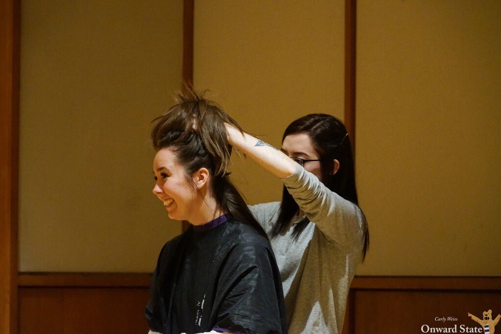 OnwardState's tweet photo. Dozens of students stopped by the HUB today to shave their heads for @THON. https://t.co/y9EowNQhmt