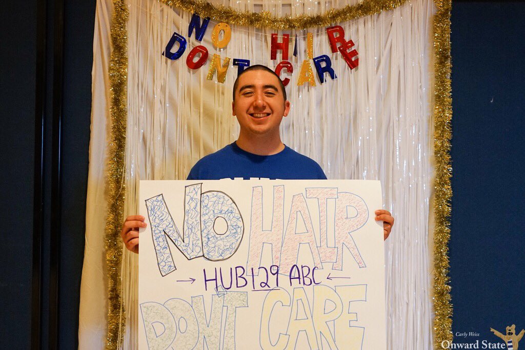 OnwardState's tweet photo. Dozens of students stopped by the HUB today to shave their heads for @THON. https://t.co/y9EowNQhmt