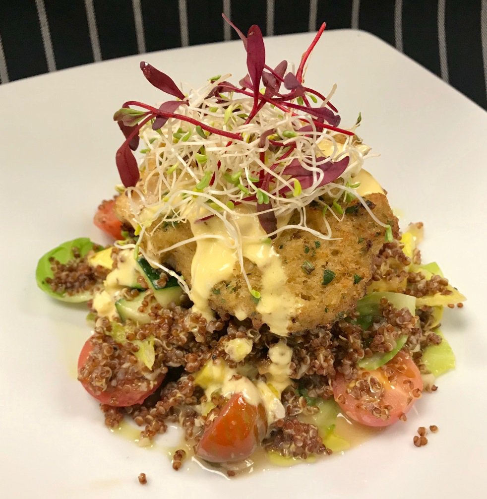 In observance of National Make a Friend Day today, we wanted to invite you over to try this week's Chef's Special!  #crab #crusted #rockcod with #lemon #dill #cremesauce with #quinoa and #winter #vegetable #risotto