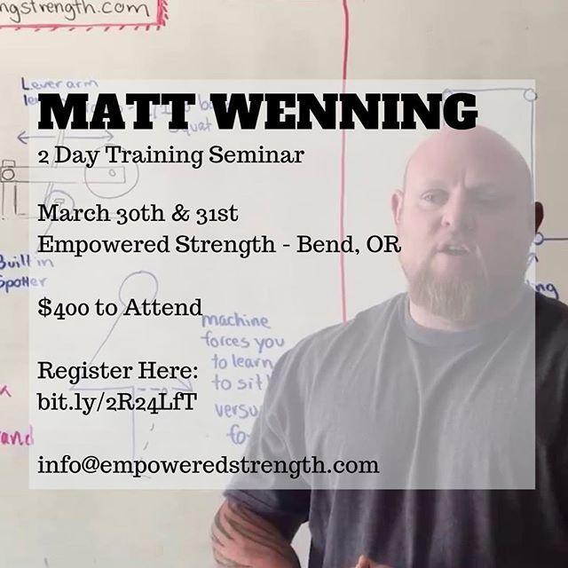 My big west coast seminar in Bend OR this year!!! Laying everything out from programming - recovery - and technique!!!! Go sign up about 5 spots left!!!!! #oregon #seminar #training #fitness #lifting #wenning @fistfulofdynamite @mikeohearn @marksmellybel… bit.ly/2DsPRFY