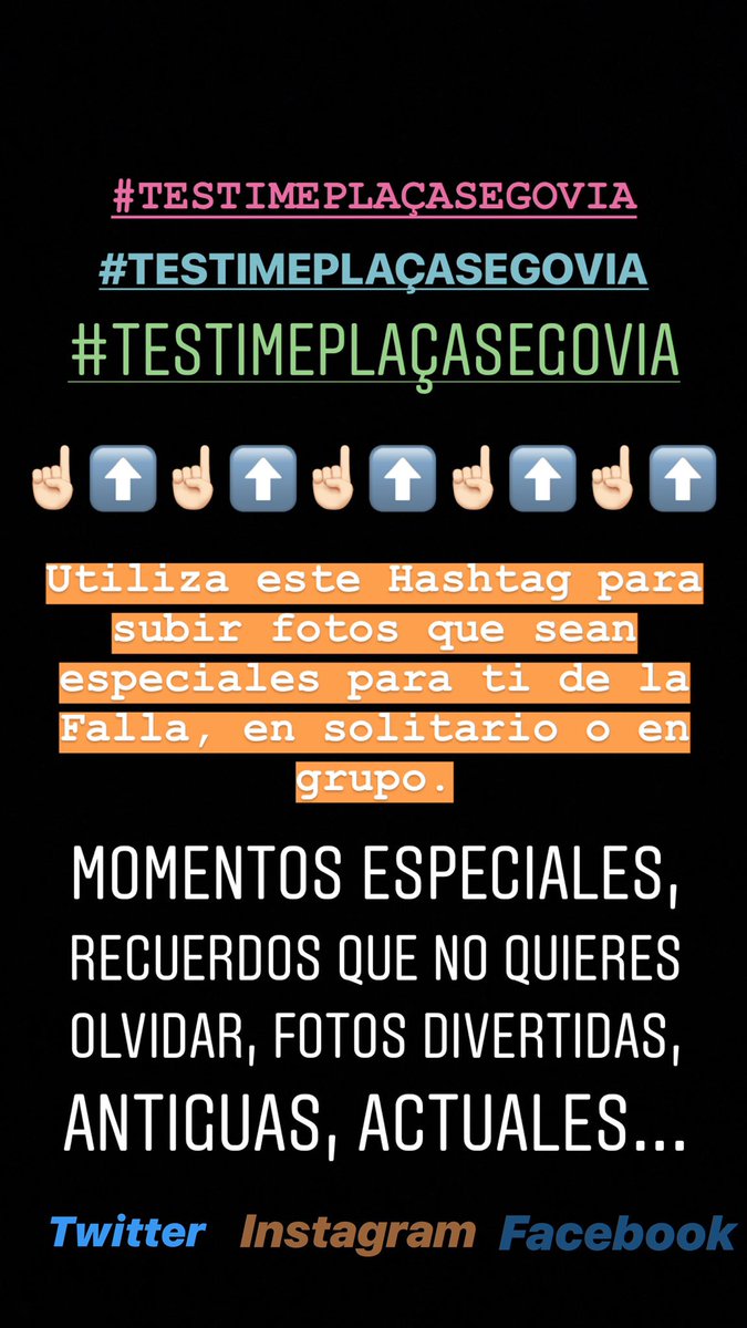 Cómo hacerlo?Simplemente, hay que compartir en una de las redes sociales que tenemos la foto o las fotos que queráis y escribir en la publicación el hashtag #TESTIMEPLAÇASEGOVIA . Es MUY IMPORTANTE poner el hashtag bien.

En Fallas, os daremos una sorpresa con esas fotos.