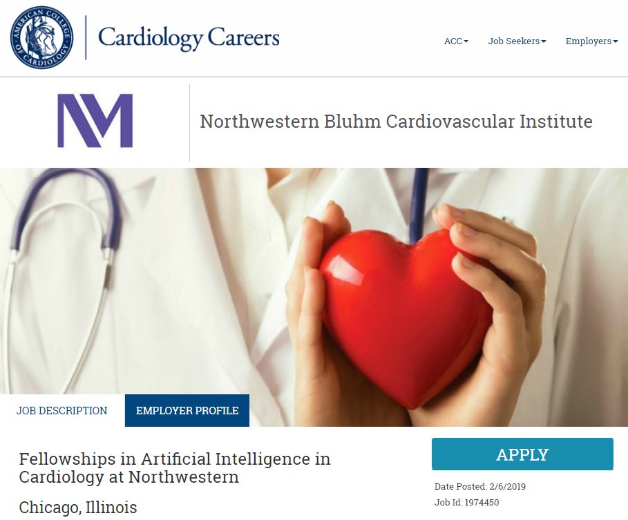 .<a href="/NorthwesternMed/">Northwestern Medicine</a> &amp; <a href="/NorthwesternEng/">Northwestern Engineering</a> are excited to offer a new 1-year Artificial Intelligence #Cardiovascular Medicine Fellowship w/ key faculty <a href="/JamesDThomasMD1/">James D Thomas, MD</a>, <a href="/KJ_Hammond/">Kristian Hammond</a> &amp; Dr. Patrick McCarthy! Click the link to apply: bit.ly/2DWrVw7 #AI #CV