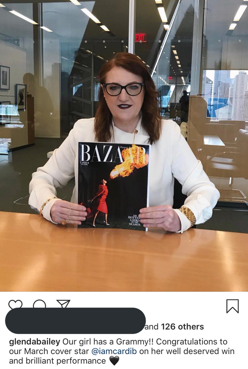 “Our girl has a Grammy.” Glenda Bailey, the Editor-in-Chief of Harper’s Bazaar, congratulating Cardi on her Grammy win via Instagram!