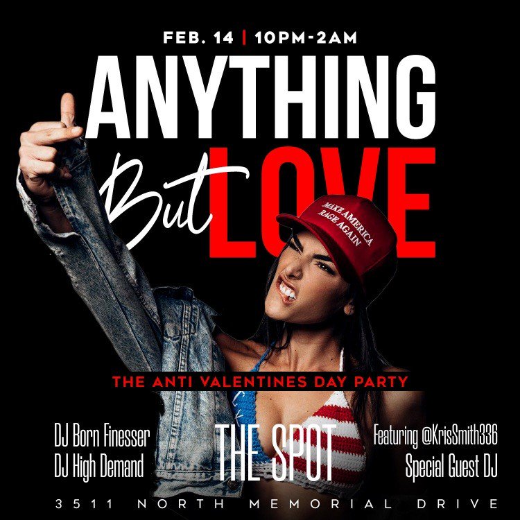 lightbrightsana's tweet photo. Whatโs Love Got to Do with THIS THURSDAY at The Spot ๐
#PopularDemandEnt Presents
Anything But Love ๐๐๐พ
The Anti-Valentineโs Day Party
Ft @KrisSmith336
@DjBornFinesser @DjHigh_Demand ๐๐๐
3511 North Memorial Drive// 10Pm
FIRST 100 FREEโค๏ธ https://t.co/v5oKK86lzH