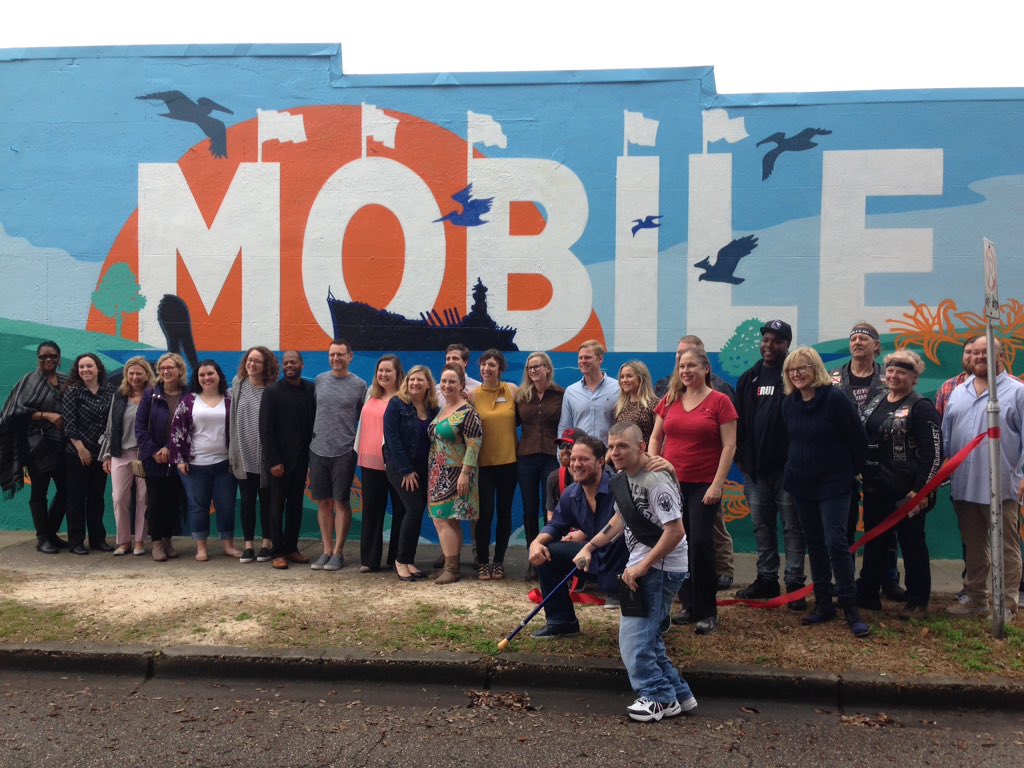 USS_ALABAMA's tweet image. We are so excited to have the USS ALABAMA featured on downtown's newest public art project.  Mural by Sky Walker, funded by @JakePeavy_22 , and created by @MobileArts.